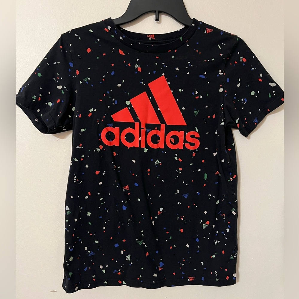 24hr SALE 🔥 Adidas Black Tee with Red Logo and Colorful Print